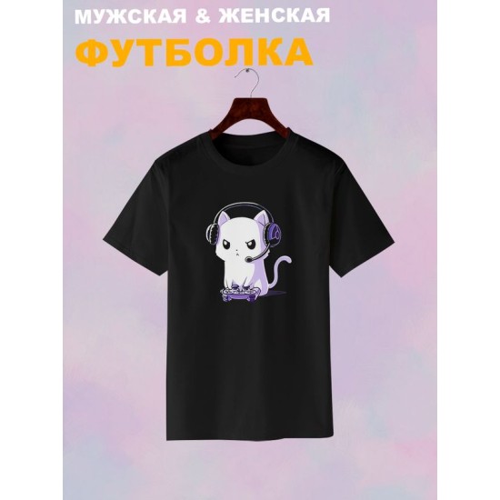 Футболка кот геймер и котик game player с принтом каваи котенок прикол для геймера kitty cat meme anime style kawaii kawai, черная женская и мужская стрит стайл мемная прикольная одежда кэжуал y2k.