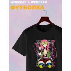Футболка demon slayer клинок рассекающий демонов Мицури с принтом аниме anime girl hentai истребитель демонов столп любви с японскими иероглифами, черная женская мужская стрит стайл y2k одежда кэжуал.