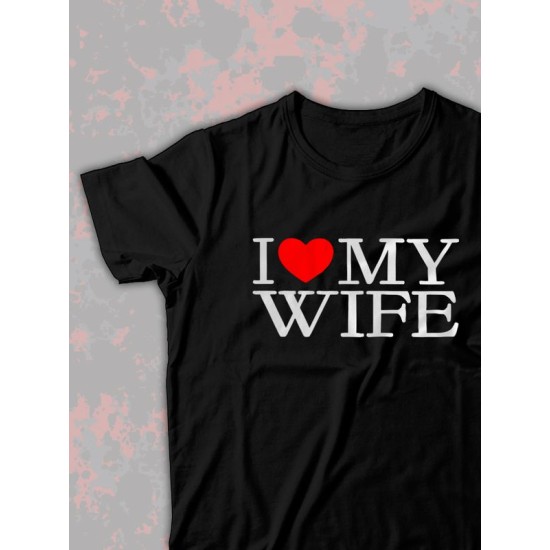 Парная футболка для двоих влюбленных на свадьбу "I love my wife" черная мужская. Футболка с принтом "Я люблю свою жену" для пар и для молодоженов.