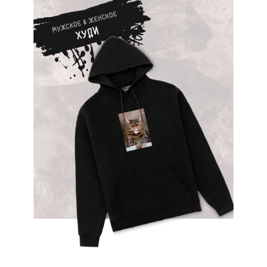 Худи с принтом Кот оверсайз черное. Худи унисекс с мемной надписью "Штош, ладно, я уважаю твоё неправильное мнение" в стиле кэжуал для молодежи