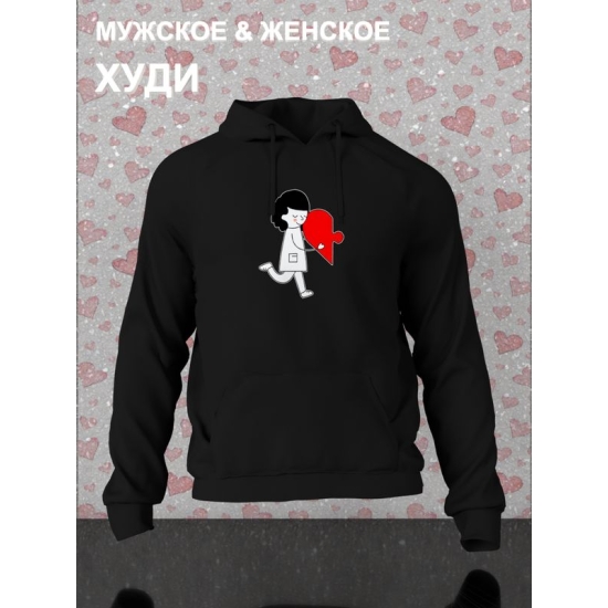 Худи парное на День святого Валентина черное женское. Худи с принтом "Влюбленная девушка и красное сердечко" для пар и молодоженов на 14 февраля, аниме в стиле чиби.