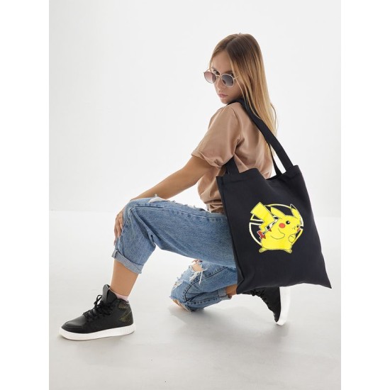 Шоппер пикачу покемон покебол аниме Pokemon Pikachu с принтом pokeball anime merch style kawaii kawai черный, стритстайл сумка для шопинга и покупок тканевая женская мужская кэжуал casual y2k style.