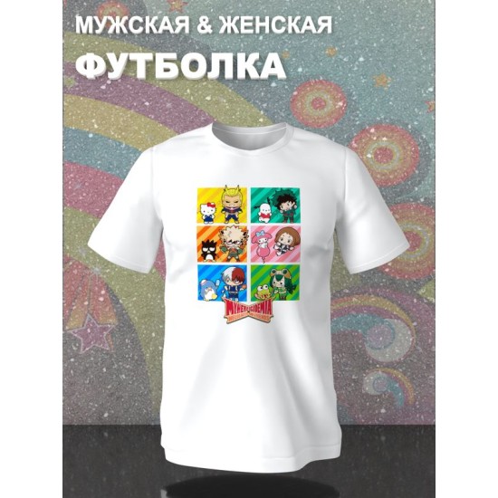 Футболка моя геройская академия аниме hello kitty с принтом my hero academia boku no hero academia бакуго мидория тодороки персонажи kawaii anime, белая женская мужская прикольная одежда кэжуал y2k.
