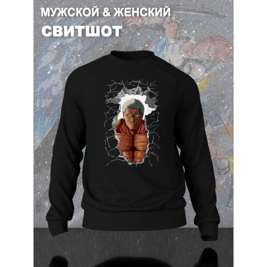 Свитшот с принтом из мультсериала Атака титанов оверсайз. Свитшот унисекс Райнер Браун в стиле street style для молодежи.