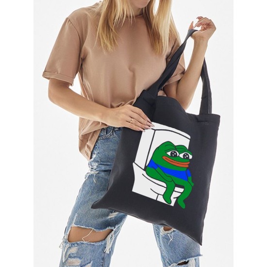 Шоппер лягушка Пепе и лягушонок на унитазе мем и прикол с принтом pepe frog meme черный, стритстайл мемная сумка для шопинга и покупок тканевая женская и мужская кэжуал стрит стайл y2k style casual.