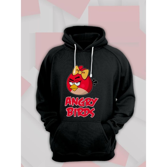 Худи парное для двоих влюбленных на свадьбу "Angry birds, злые птицы" черное женское. Худи с принтом "Энгри Бердз, красная птичка" для пар и для молодоженов.