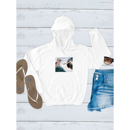 Худи с принтом "Сотворение Адама" оверсайз белое. Худи с котом и прикольным рисунком в стиле кэжуал y2k для молодежи.