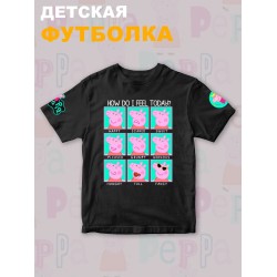 Футболка с героем Свинка Пеппа и прикольной надписью how do i feel today. Футболка детская с принтом Peppa pig для мальчика и девочки. Одежда для детей и подростков стрит стайл кежуал.