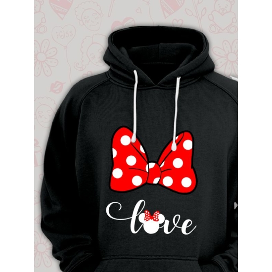 Худи парное для двоих влюбленных на свадьбу с Минни Маус черное женское. Худи с принтом "Love, любовь" с Minnie Mouse для пар и для молодоженов.
