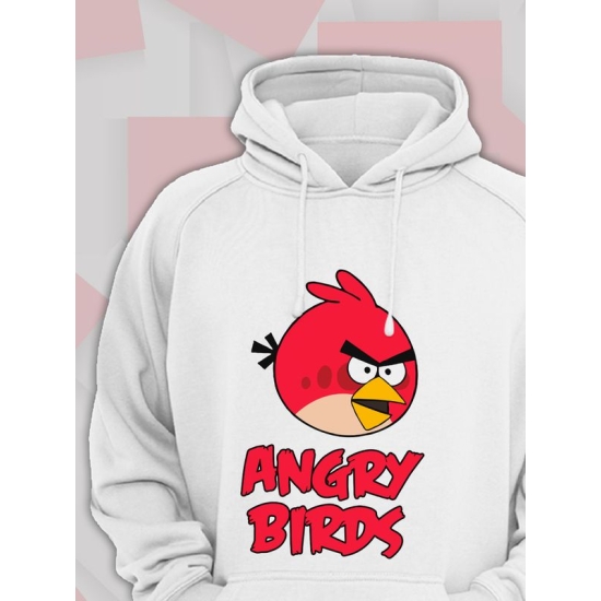 Худи парное для двоих влюбленных на свадьбу "Angry birds, злые птицы" белое мужское. Худи с принтом "Энгри Бердз, красная птичка" для пар и для молодоженов.
