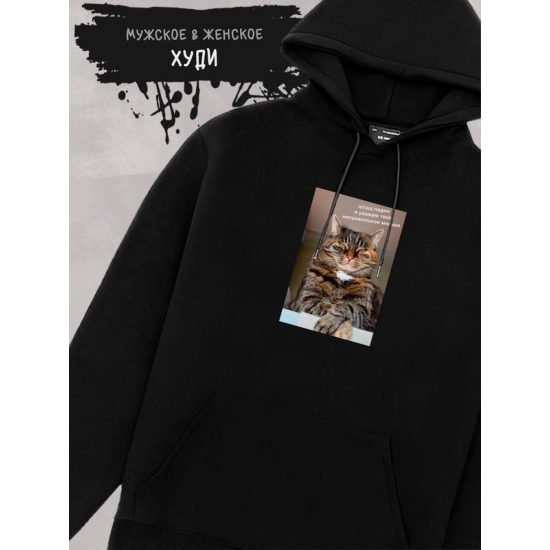 Худи с принтом Кот оверсайз черное. Худи унисекс с мемной надписью "Штош, ладно, я уважаю твоё неправильное мнение" в стиле кэжуал для молодежи