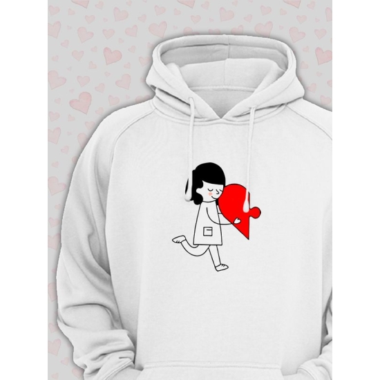 Худи парное на День святого Валентина белое женское. Худи с принтом "Влюбленная девушка и красное сердечко" для пар и молодоженов на 14 февраля, аниме в стиле чиби.