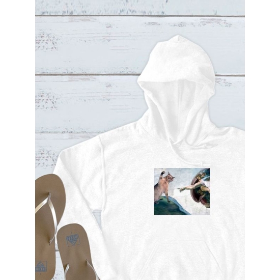 Худи с принтом "Сотворение Адама" оверсайз белое. Худи с котом и прикольным рисунком в стиле кэжуал y2k для молодежи.