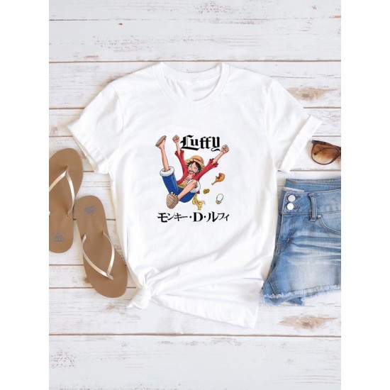 Футболка луффи ван пис и аниме One piece Luffy с принтом retro anime aesthetic эстетика в стиле ретро с японскими иероглифами, белая женская и мужская прикольная андеграунд одежда кэжуал casual y2k.