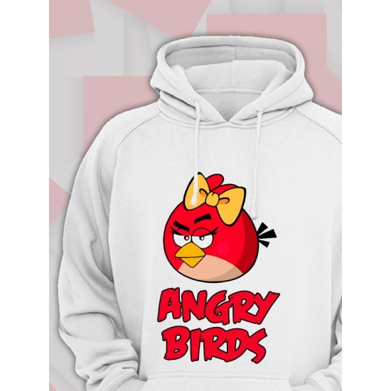 Худи парное для двоих влюбленных на свадьбу "Angry birds, злые птицы" белое женское. Худи с принтом "Энгри Бердз, красная птичка" для пар и для молодоженов.