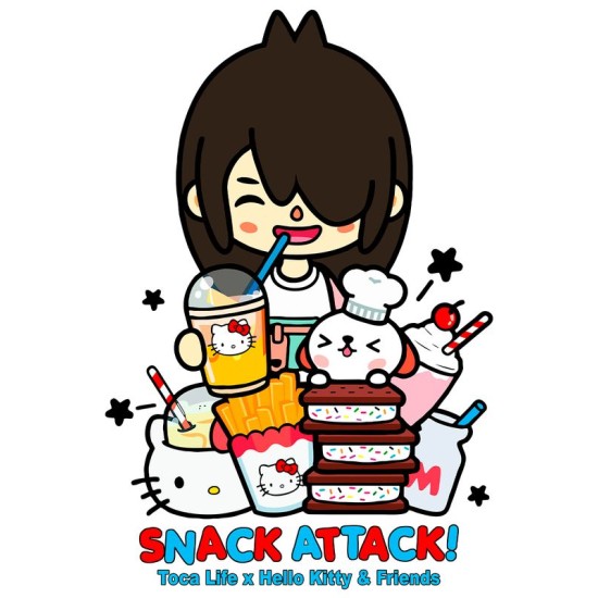 Сумка шоппер с принтом Toca Boca and Hello Kitty и прикольной надписью snack attack. Детский шоппер Тока Бока и Хеллоу Китти для мальчика и девочки. Тканевая сумка подростковая на плечо кежуал.