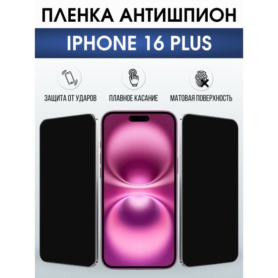 Защитная пленка на телефон iPhone 16 Plus антишпион. Полиуретановая бронепленка на экран смартфона Айфон 16 плюс.