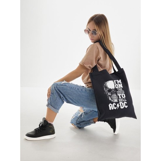 Шоппер AC DC ACDC асдс ас дс im on the highway to hell с принтом рок мерч эйсидиси rock music merch черный, стритстайл рокерская сумка для шопинга и покупок тканевая женская мужская андеграунд кэжуал.