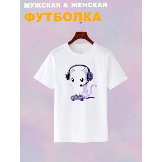 Футболка кот геймер и котик game player с принтом каваи котенок прикол для геймера kitty cat meme anime style kawaii kawai, белая женская и мужская стрит стайл мемная прикольная одежда кэжуал y2k.