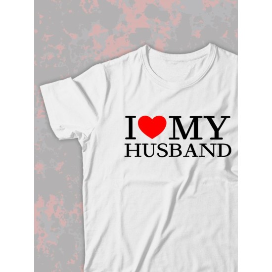 Парная футболка для двоих влюбленных на свадьбу " love my husband" белая женская. Футболка с принтом "Я люблю своего мужа" для пар и для молодоженов.