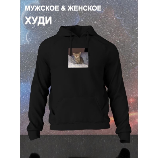 Худи с принтом Котенок оверсайз черное. Худи унисекс с прикольным рисунком Сонный кот в стиле кэжуал.