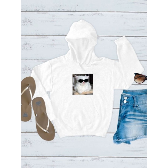 Худи с принтом Кот в очках оверсайз белое. Худи унисекс с прикольным рисунком в стиле кэжуал.