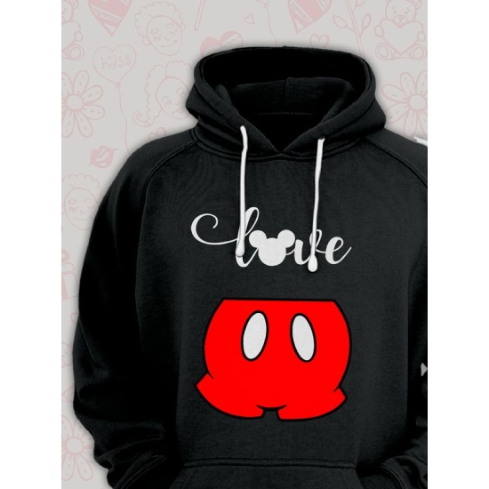 Худи парное для двоих влюбленных на свадьбу с Микки Маусом черное мужское. Худи с принтом "Love, любовь" с Mickey Mouse для пар и для молодоженов.