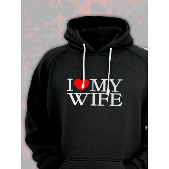 Худи парное для двоих влюбленных на свадьбу "I love my wife" черное мужское. Худи с принтом "Я люблю свою жену" для пар и для молодоженов.