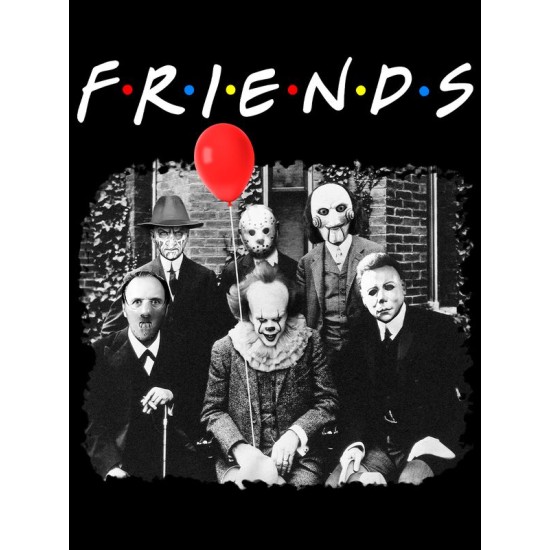 Шоппер с принтом Персонажи из страшного кино и надписью Friends черный. Шоппер с героями ужастиков для фанатов horror movies street style.