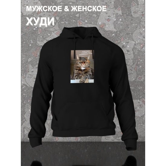 Худи с принтом Кот оверсайз черное. Худи унисекс с мемной надписью "Штош, ладно, я уважаю твоё неправильное мнение" в стиле кэжуал для молодежи
