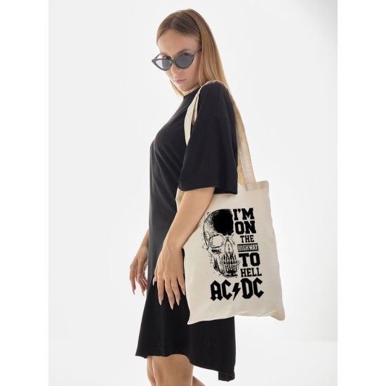 Шоппер AC DC ACDC асдс ас дс im on the highway to hell с принтом рок эйсидиси rock music merch бежевый, стритстайл рокерская сумка для шопинга и покупок тканевая женская и мужская андеграунд кэжуал.