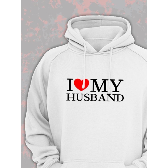 Худи парное для двоих влюбленных на свадьбу "I love my husband" белое женское. Худи с принтом "Я люблю своего мужа" для пар и для молодоженов.