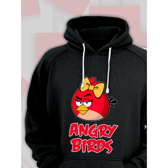 Худи парное для двоих влюбленных на свадьбу "Angry birds, злые птицы" черное женское. Худи с принтом "Энгри Бердз, красная птичка" для пар и для молодоженов.