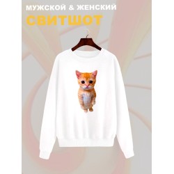 Свитшот с принтом Кот оверсайз белый. Свитшот унисекс с рисунком Котенок в стиле кэжуал.