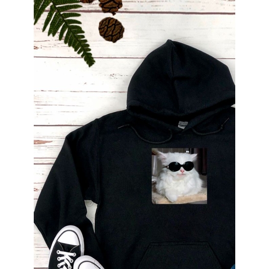 Худи с принтом Кот в очках оверсайз черное. Худи унисекс с прикольным рисунком в стиле кэжуал.