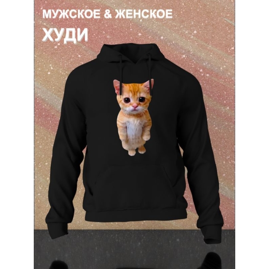 Худи с принтом Кот оверсайз черное. Худи унисекс с рисунком Котенок в стиле кэжуал.