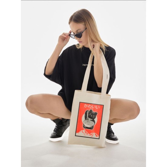 Шоппер с аниме котом и котик эстетика с принтом надписью kawaii anime cat kitty retro vintage Japan aesthetic Japanese style каваи бежевый, y2k сумка для шопинга и покупок тканевая женская и мужская.