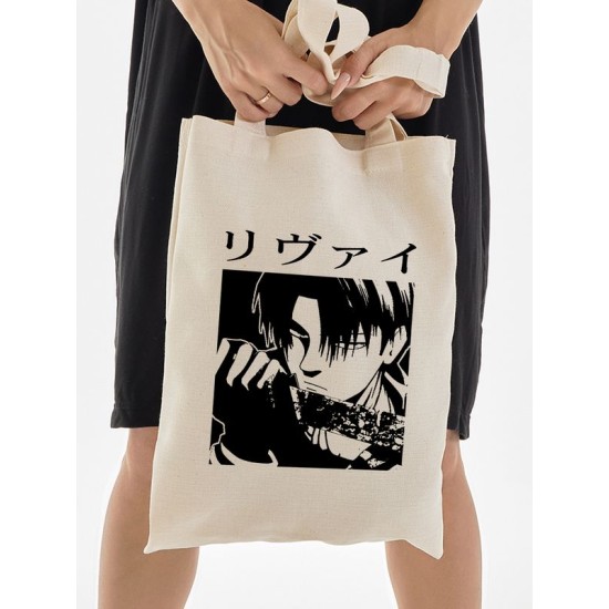 Шоппер леви аккерман аниме Attack on titan с принтом атака титанов shingeki no kyojin levi ackerman anime эстетика с японскими иероглифами бежевый, сумка для шопинга покупок тканевая женская мужская.