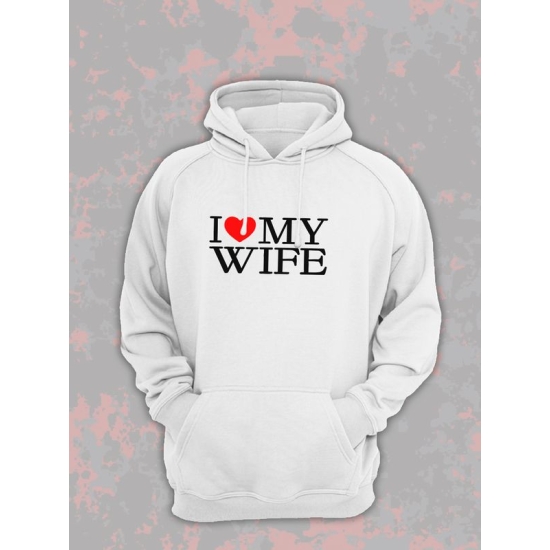 Худи парное для двоих влюбленных на свадьбу "I love my wife" белое мужское. Худи с принтом "Я люблю свою жену" для пар и для молодоженов.