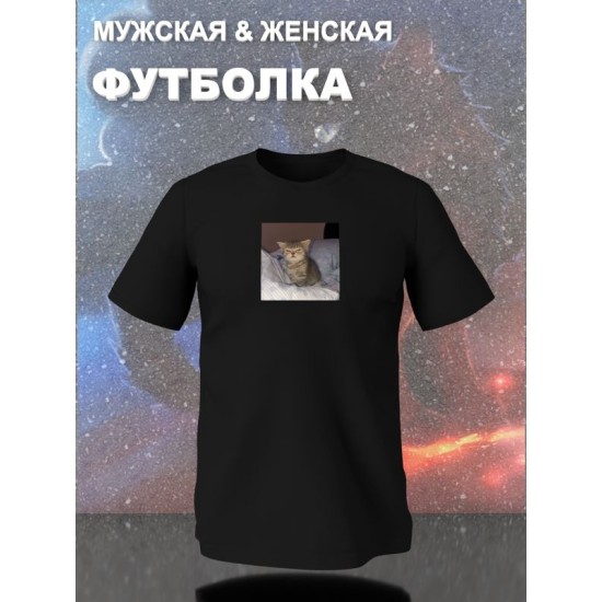 Футболка с принтом Котенок оверсайз черная. Футболка унисекс с прикольным рисунком Сонный кот в стиле кэжуал.