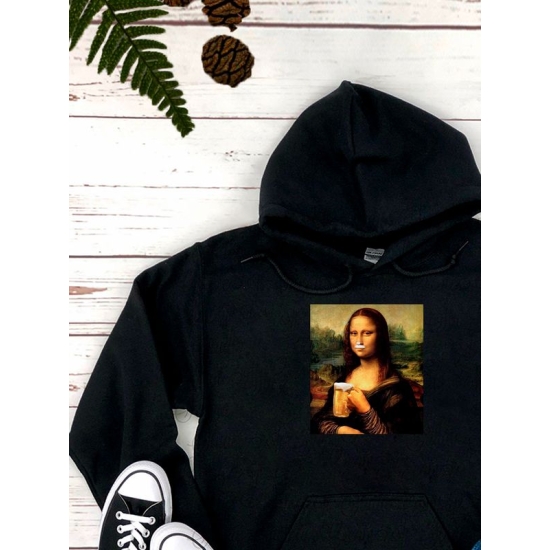 Худи с принтом leonardo da vinci Мона лиза с пивом оверсайз черное. Худи унисекс с приколом в стиле кэжуал для молодежи.