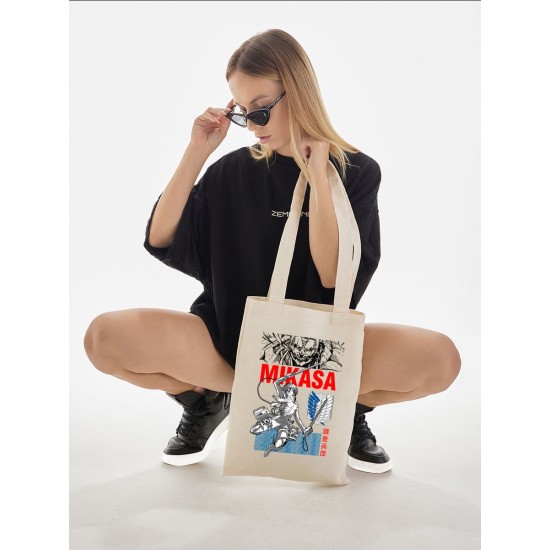 Шоппер с принтом из мультсериала Атака титанов. Тканевая сумка anime Attack on titan в стиле street style для молодежи.