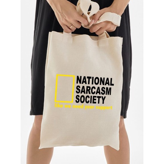 Шоппер с прикольной надписью "National sarcasm society" бежевый. Шоппер с принтом в стиле кэжуал.