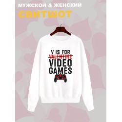 Свитшот с принтом Valentine на День Валентина оверсайз белый. Свитшот унисекс с надписью Video games в стиле street style для молодежи.