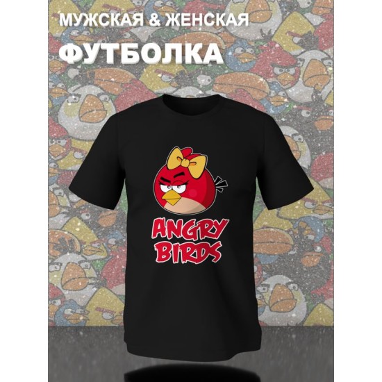 Парная футболка для двоих влюбленных на свадьбу "Angry birds" черная женская. Футболка с принтом для пар и для молодоженов.