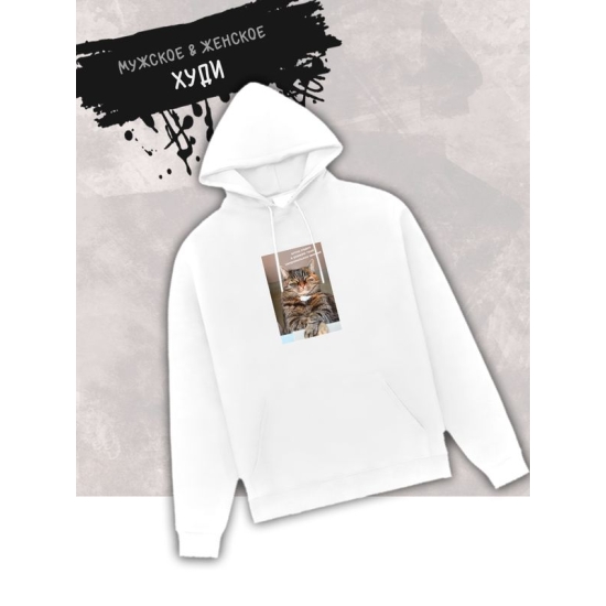 Худи с принтом Кот оверсайз белое. Худи унисекс с мемной надписью "Штош, ладно, я уважаю твоё неправильное мнение" в стиле кэжуал для молодежи.