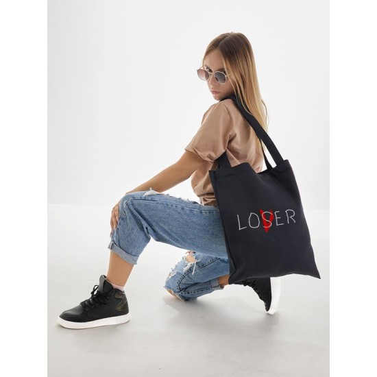 Шоппер lover loser эстетика минимализм с принтом надписью love minimalism aesthetic черный, стритстайл сумка для шопинга и покупок тканевая женская мужская, кэжуал андеграунд y2k street style casual.