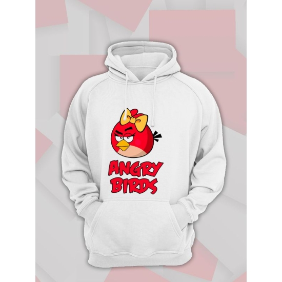Худи парное для двоих влюбленных на свадьбу "Angry birds, злые птицы" белое женское. Худи с принтом "Энгри Бердз, красная птичка" для пар и для молодоженов.