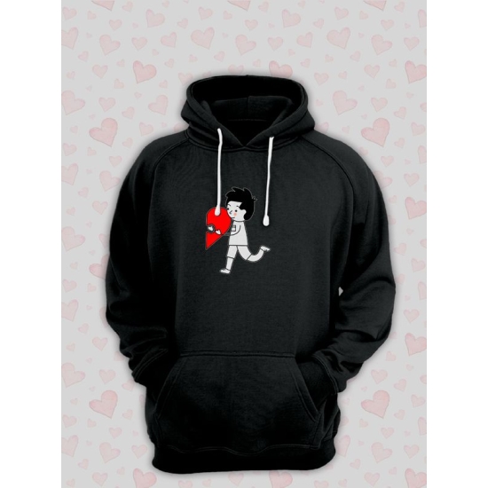 Худи парное на День святого Валентина черное мужское. Худи с принтом "Влюбленный парень и красное сердечко" для пар и молодоженов на 14 февраля, аниме в стиле чиби.