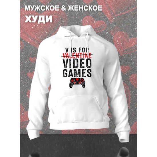 Худи с принтом Valentine на День Валентина оверсайз белое. Худи унисекс с надписью Video games в стиле street style для молодежи.